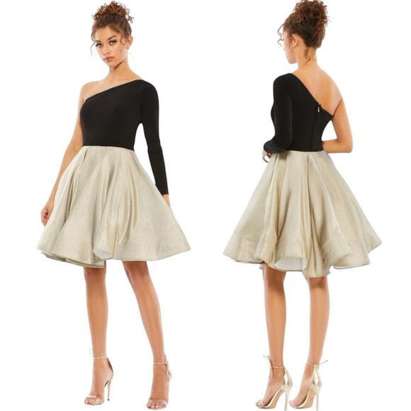 Ieena For Mac Duggal Dresses & Skirts - Ieena for Mac Duggal Black Gold One Shoulder A-Line Dress #48929 Size 4 NWT